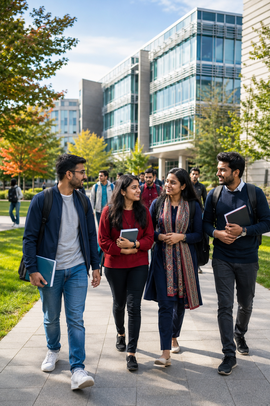 Bangladeshi international students walking and talking on a Canadian university campus